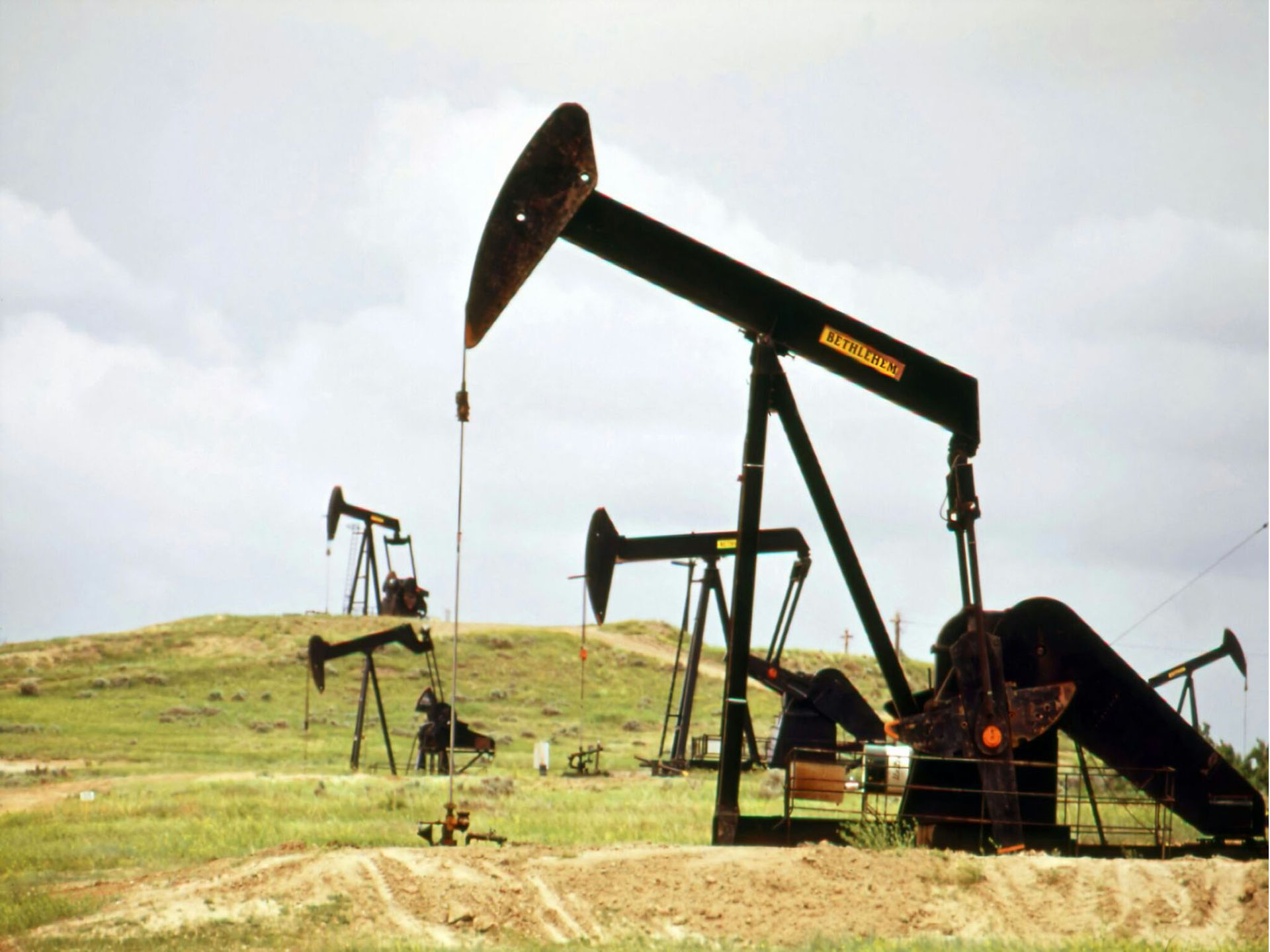 Pumpjacks operating across an oilfield